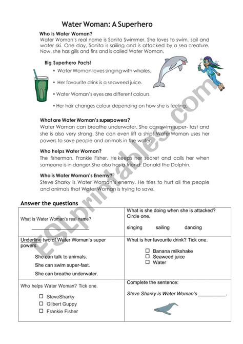 Water Woman A Reading Comprehension Esl Worksheet By Anab3634