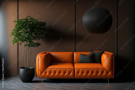 The living room has an orange leather sofa, an example of a modern ...