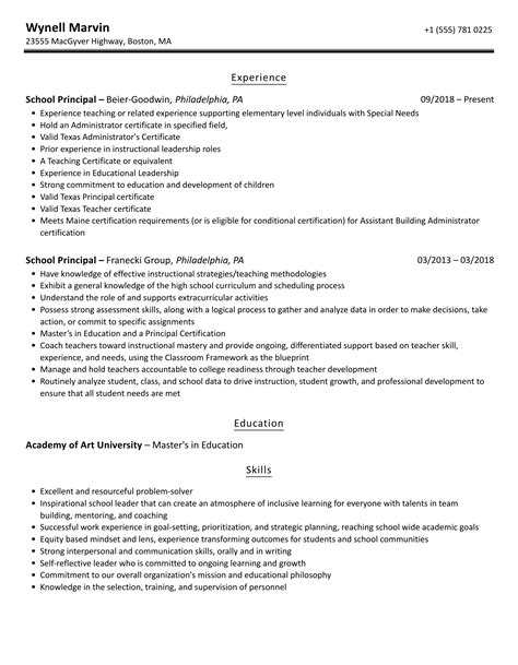 School Principal Resume Samples Velvet Jobs