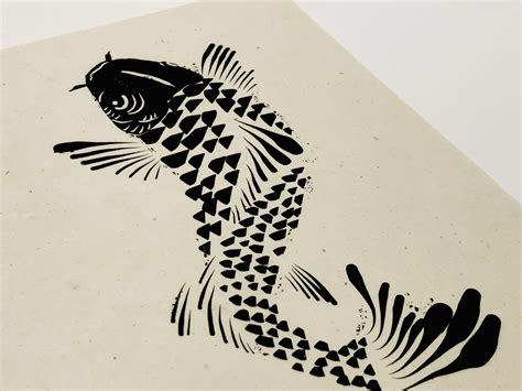 Japanese Koi Fish Print Lino Style Print Handmade Simple Etsy New Zealand