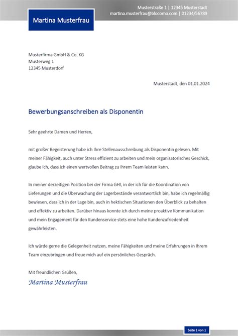 Bewerbungsanschreiben Als Disponent In Muster Vorlagen Spezifische