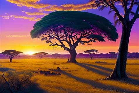 African savanna at sunset stock illustration. Illustration of horizon - 272174728