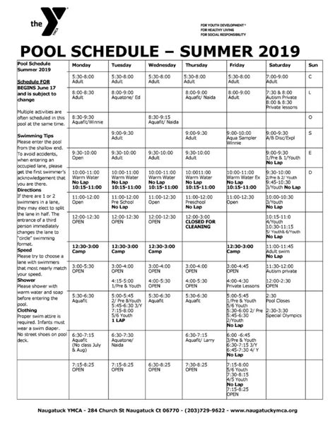 Summer Pool Schedule – NAUGATUCK YMCA