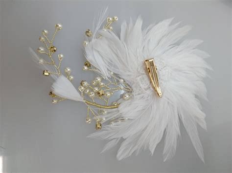 Gold Bridal White Feather With Flowers Rhinestones and Faux - Etsy