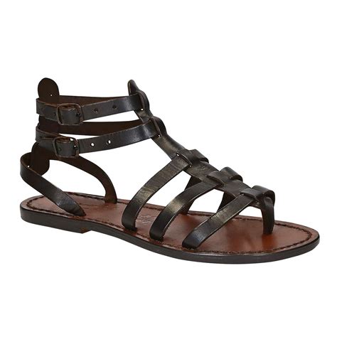 Dark Brown Gladiator Sandals For Women Real Leather Handmade In Italy