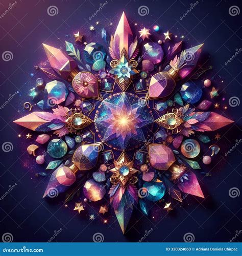 Mandala Of Crystals And Plant Elements - Vector Linear Picture For