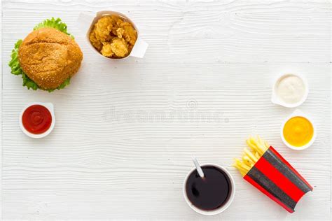 Flat Lay Of Fat Fast Food Burger Chicken Nuggets And French Fries