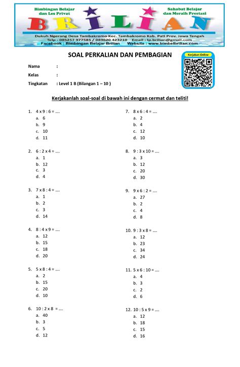 Soal Campuran Perkalian Pembagian Level 1 B Dan Kunci Jawaban Bimbel