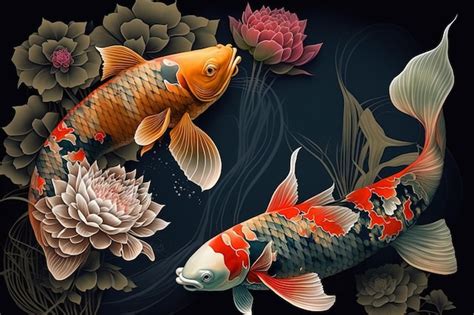 Premium Photo Koi Fish Painting In Floral Digital Art Painting In