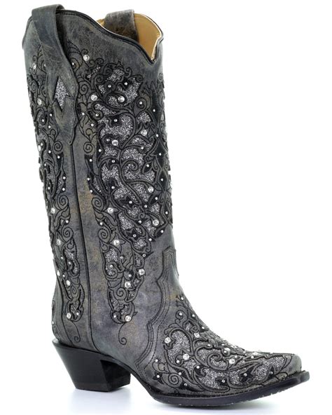 Corral Women S Grey Inlay Flower Embroidery Western Boots Snip Toe