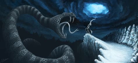 Thor Vs Jormungand By Kubeen On Deviantart Thor Art Mythology Snake Art