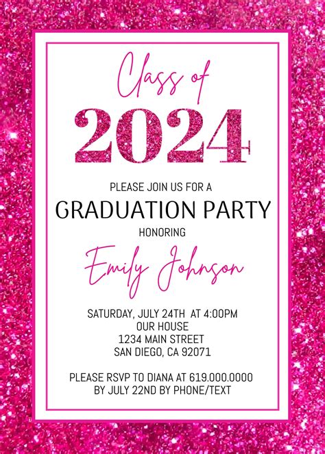 Hot Pink Glitter Graduation Invitation Template Minimalist Pink Graduation Party Invitation