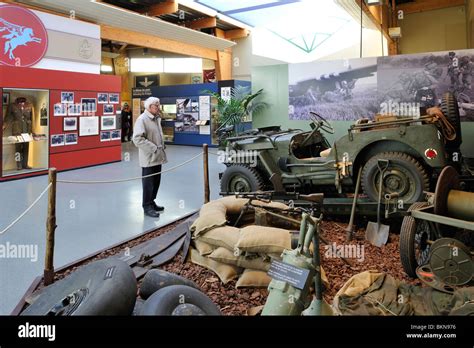 WW2 jeep and weapons at the Second World War Pegasus Museum near Ouistreham, Normandy, France ...