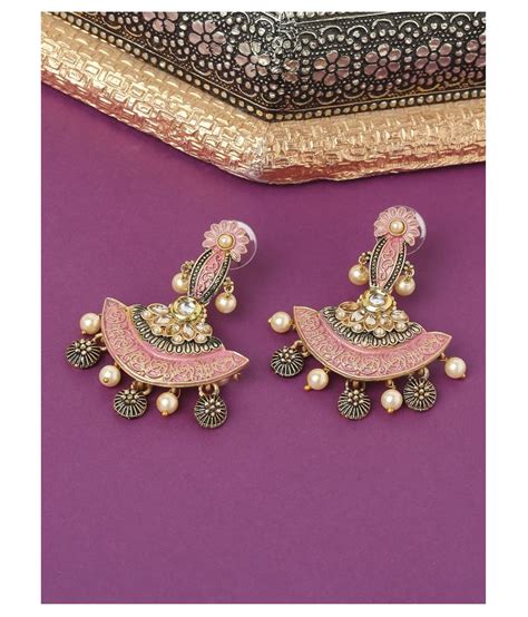 Oomph Jewellery Pink Meenakari Kundan Pearls Floral Drop Earrings