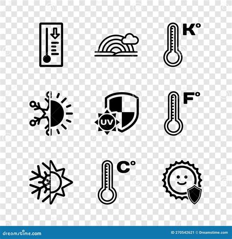 Set Meteorology Thermometer Rainbow With Cloud Sun And Snowflake Uv