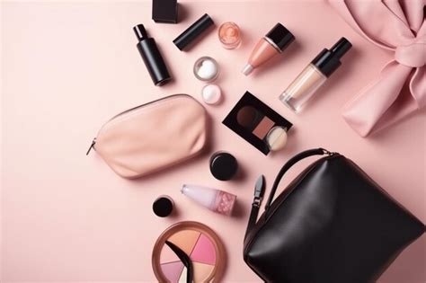 Premium Photo Cosmetic Products Flowing From Makeup Bag On Pastel Pink Background Flat Lay Top