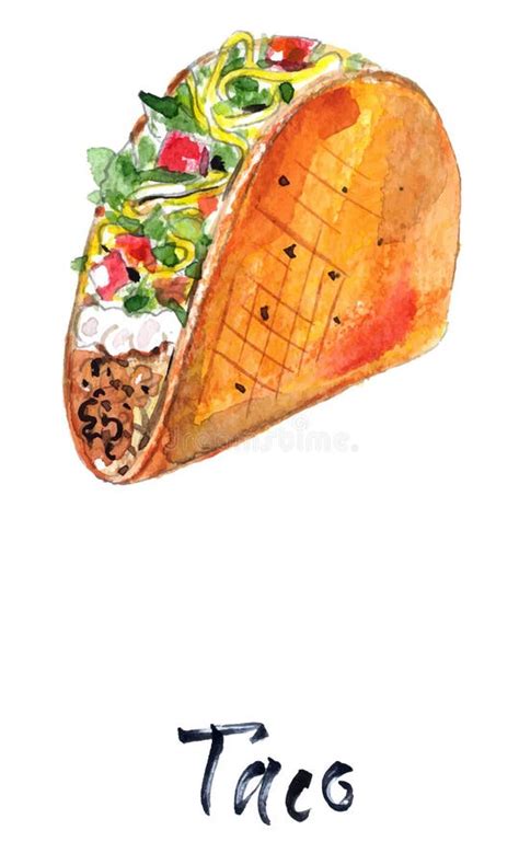 Mexican Taco With Meat And Vegetables Watercolor Vector Illustration