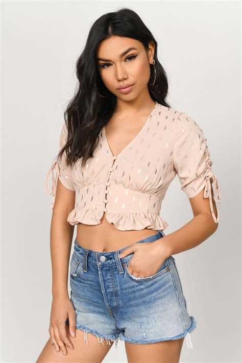 Pink Crop Top Blush Ruched Crop Top Balloon Sleeve Front Tie Crop Top