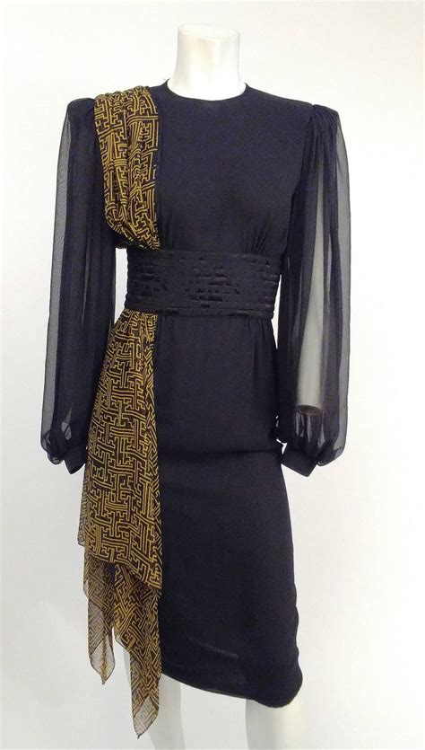 1980s Black Asymmetric Draped Chiffon Dress at 1stDibs
