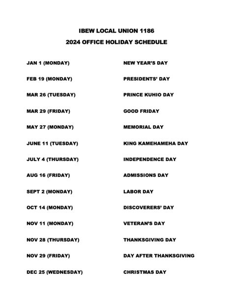 Construction Holiday Schedule Ibew Local Office Schedule