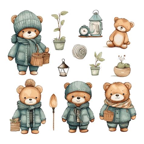 Ilustración de osos de peluche lindos en ropa de invierno con plantas y