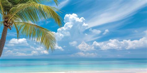 Palm Tree On Tropical Beach With Blue Sky And White Clouds