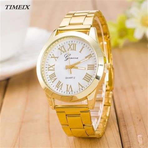 Geneva Watch Luxury Women Roman Numerals Quartz Gold Stainless Steel Wrist Watches Fashion