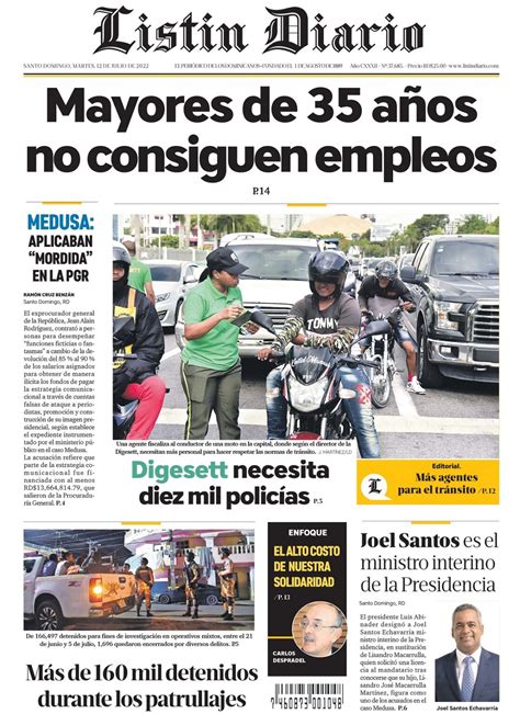 Portada Periódico Listín Diario Martes 12 Julio 2022 Dominicanado