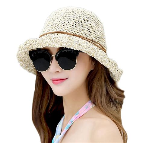 Sun Hat Bucket Girls Lady Beach Straw Hat Summer Sun Protection Packable Foldable Cap Bow Knot