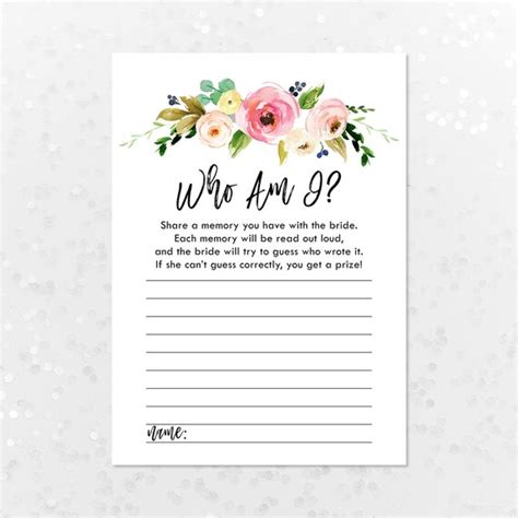 Bridal Shower Printable Who Am I Game Bride Memory Guessing