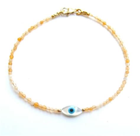 Opal Natural Gemstone K Gold Evil Eye Shell Bracelet Handmade For