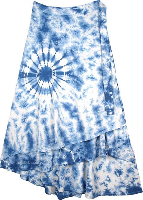 Plus Size Blue Tie Dye Long Cotton Skirt For Summer Blue Wrap