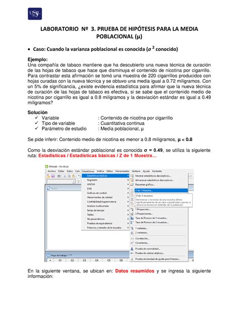 Sesin Hiptesis Media Y Proporcin En Minitab Laboratorio N