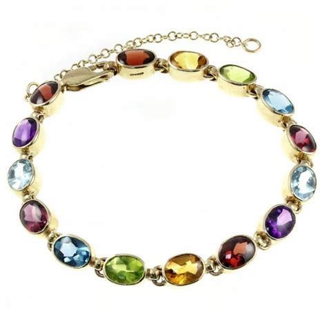 9ct Yellow Gold Oval Rubover Multi Gemstone Bracelet