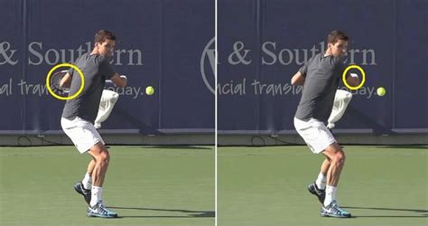 Two Pictures Of A Man Swinging A Tennis Racquet At A Ball On A Court