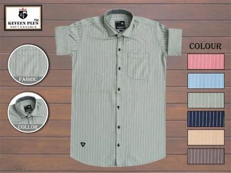 Keveen Plus Collar Neck Mens Grey Striped Cotton Shirt Handwash At Rs