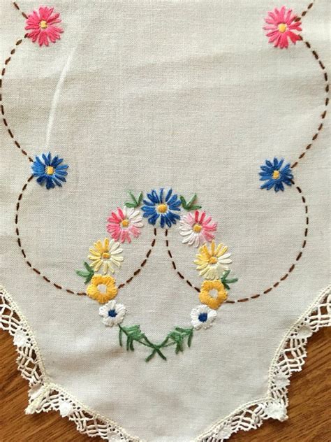 Hand Embroidered Table Runner With Flowers In Flat Seam On Thin Linen