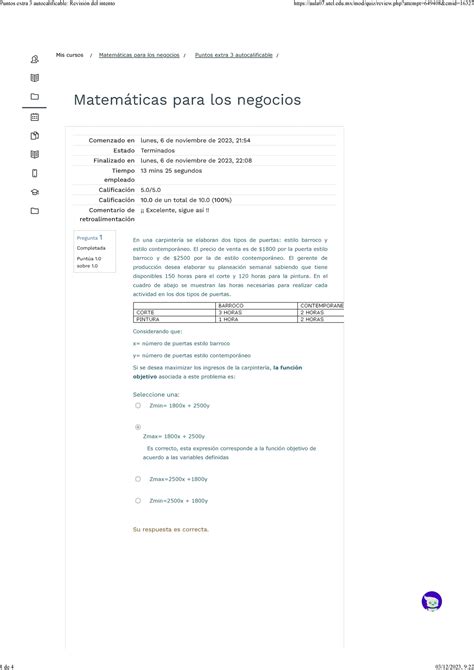 Puntos Extra Autocalificable Revisi N Del Intento Matem Ticas Para