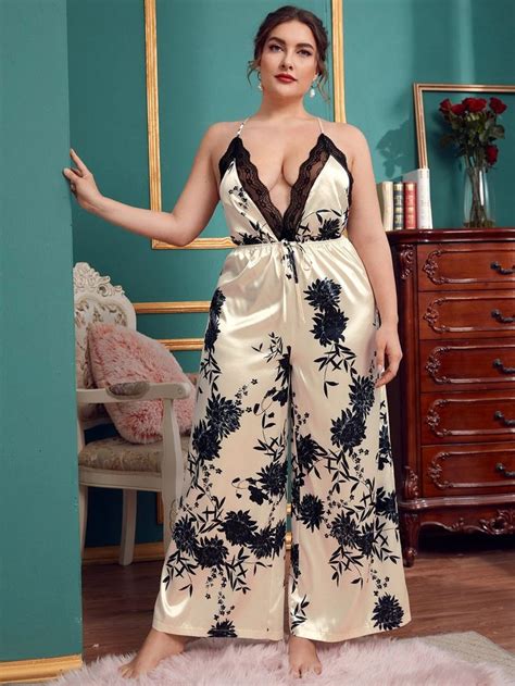 Plus Contrast Lace Trim Floral Satin Sleep Jumpsuit Night Dress