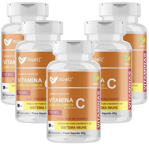 Vitamina C Ácido Ascórbico 60 Cápsulas 750mg Muwiz 5 Potes No Shoptime