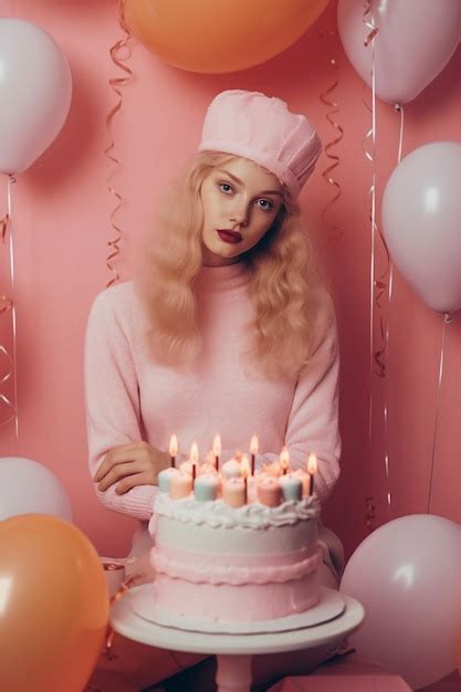 Premium AI Image Blonde Woman In Pink Surrounded By Balloons Standing