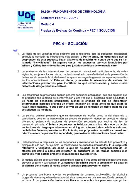 Pec Soluci N Fundamentos De Criminolog A Semestre Feb