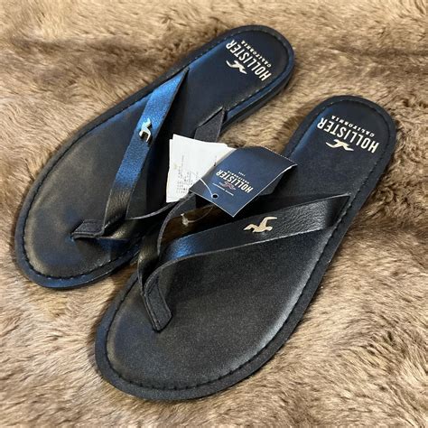 Hollister black leather flip flops brand new with... - Depop