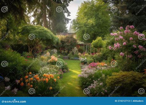 Lush Garden With Vibrant Blooms Surrounded By Towering Trees Stock