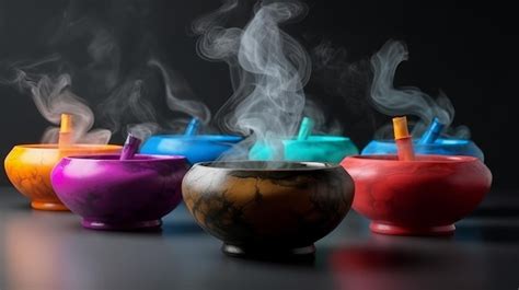 Premium AI Image | A row of colorful bowls with smoke coming out of them