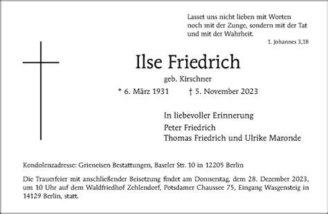 Traueranzeigen Von Ilse Friedrich Tagesspiegel Trauer