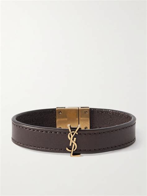 Saint Laurent Cassandre Logo Embellished Leather And Tone Bracelet In