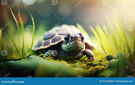 miniature rainbow  colorful turtle posing  lush greenery