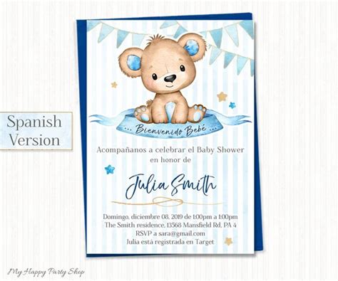 Spanish Teddy Baby Shower Invitation Printable Blue Teddy Etsy