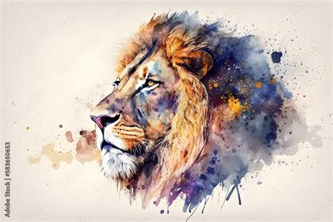 Lion head in watercolor painting style, AI generated Stock Illustration ...